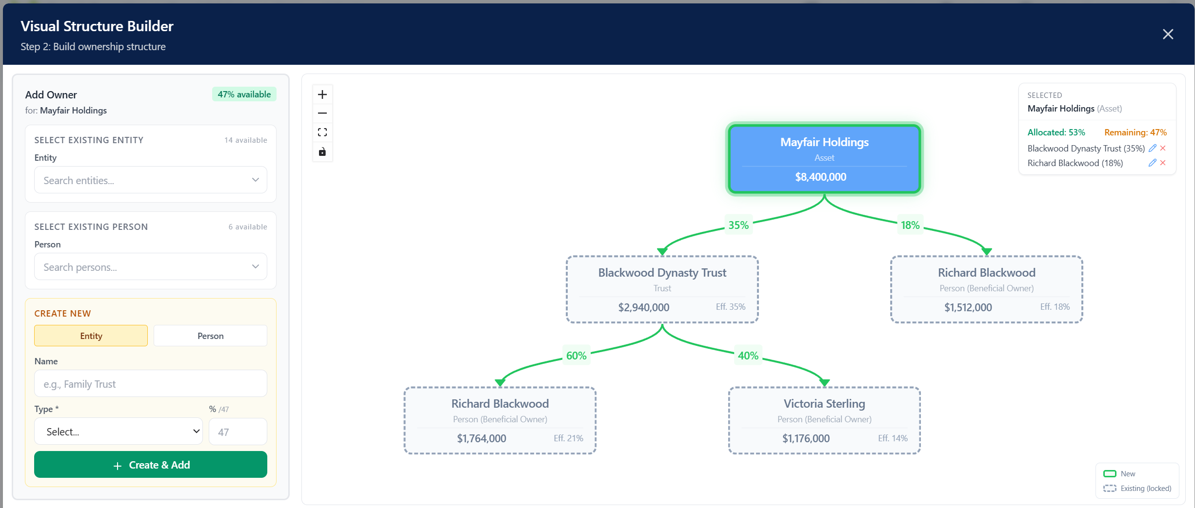 Visual Structure Builder — step 2 with side-by-side controls and live diagram