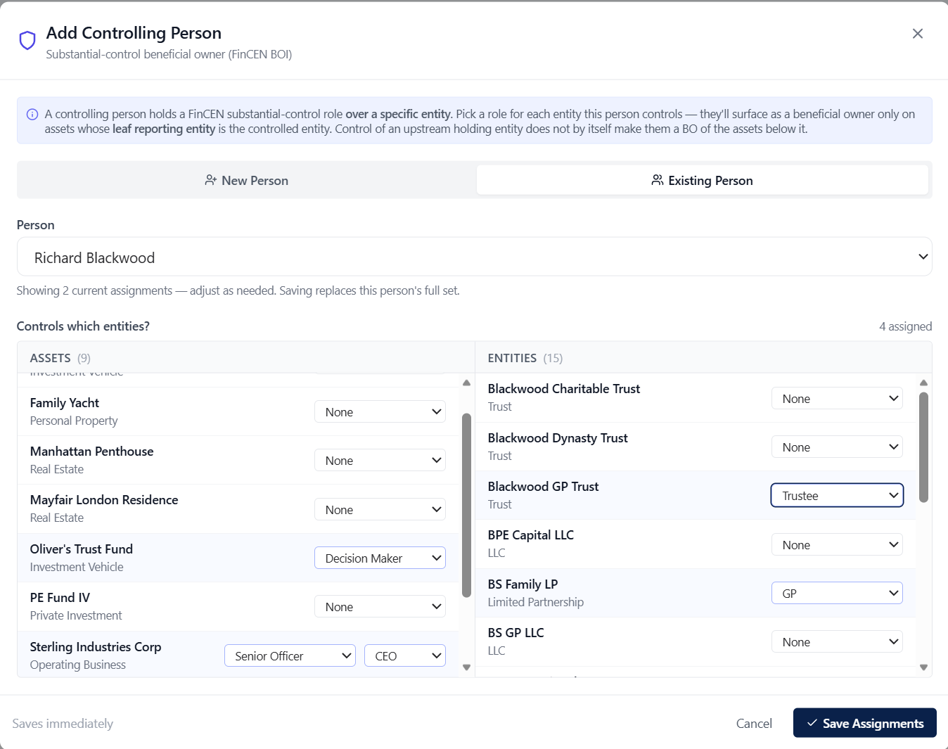 Substantial control — Add Controlling Person modal with role assignments